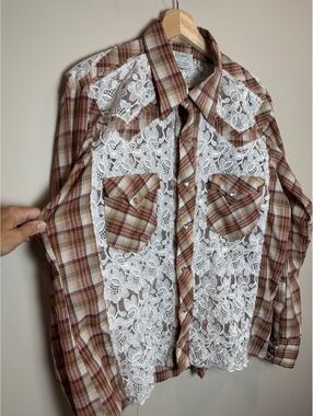 VTG H BAR C RANCHWEAR Brown Plaid & Lace Panel Western Shirt W-XL/Men-XL/XXL